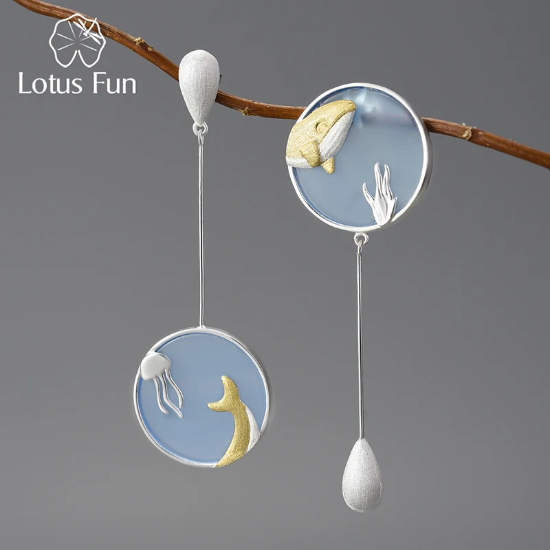 Lotus Fun Agate Exclusive Gemstone Underwater World Whale Asymmetrical Long Drop Earrings for Women 925 Sterling Silver Jewelry