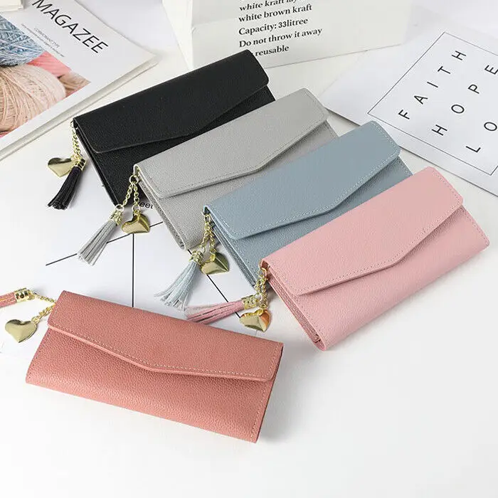 

Womens Wallet PU Leather Three Fold Long Wallet Tassel Pendant Coin Pocket Purse Credit Card Holder Handbag Large Capacity Gifts