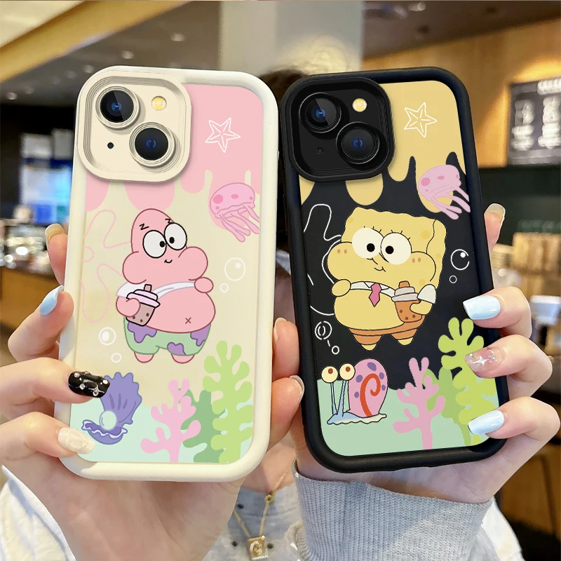 

Hot S-SpongeBobs Couple Cute Phone Case For iPhone 16 Pro Max Case 15 14 13 12 11 Pro XR X XS Max 8 7 Soft Liquid Silicone Cover