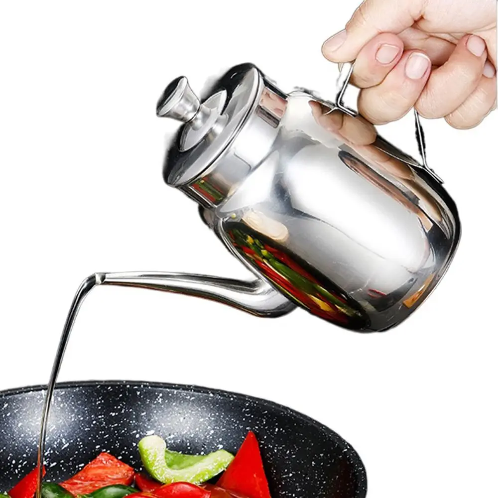 Durable Stainless Steel Oil Cruet Drip Free Spout Leakproof Olive Oil Can Non- Slip Handle Anti-scald Metal Oil Kettle Baking