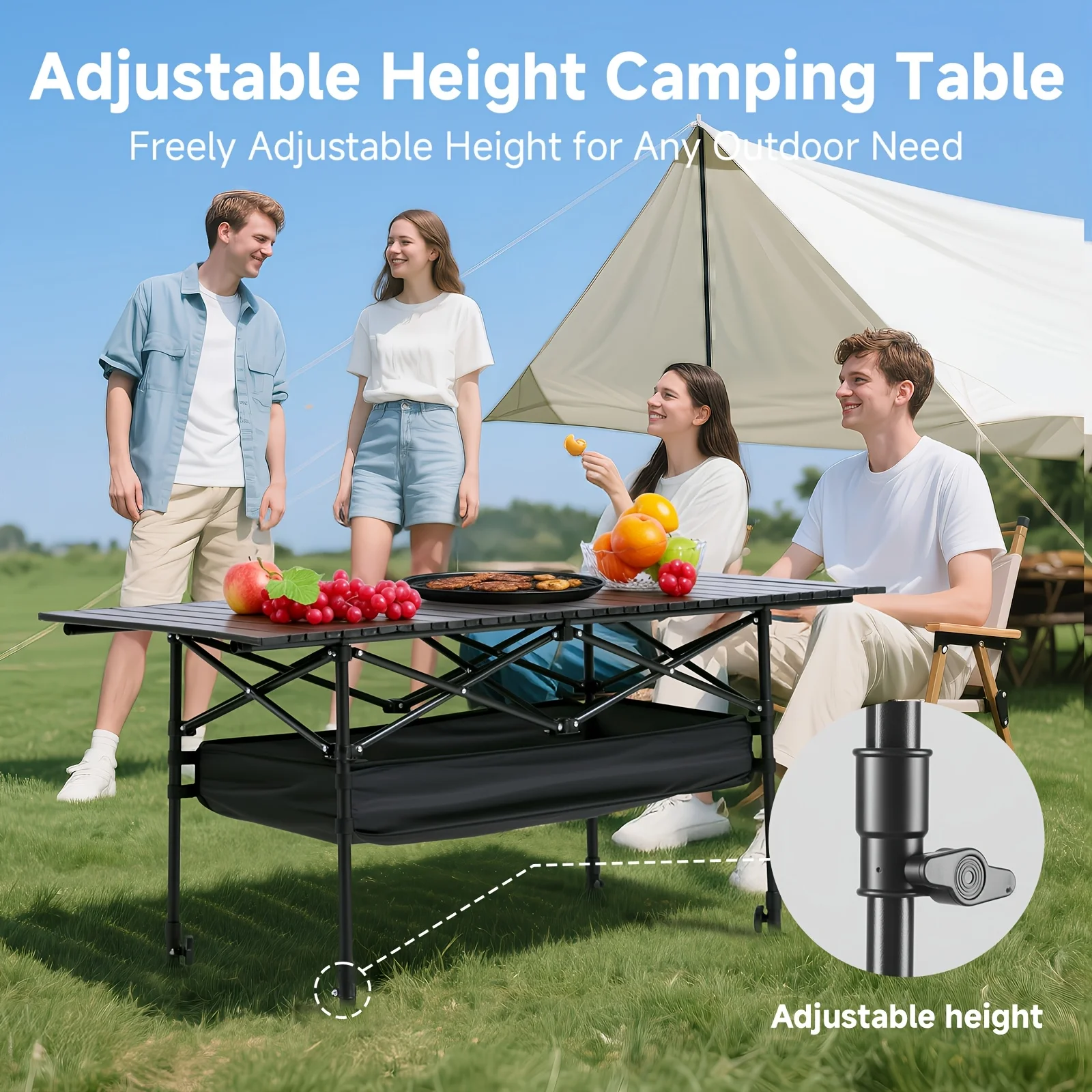 Klappbarer Outdoor-Tisch mit Netztasche & Verstellbarer Höhe - Tragbarer Klapptisch Geeignet für Camping, Picknick, Campingtisch