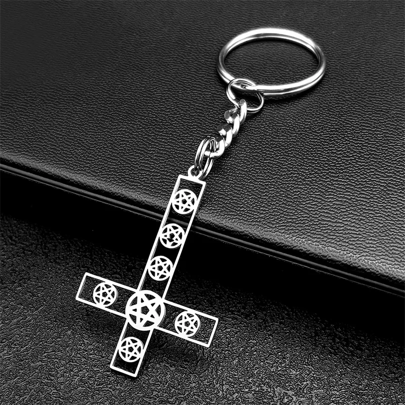 Gothic Punk Inverted Cross Star Key Chain for Women Men Stainless Steel Black Color Upside Down Pentagram Key Ring Jewelry