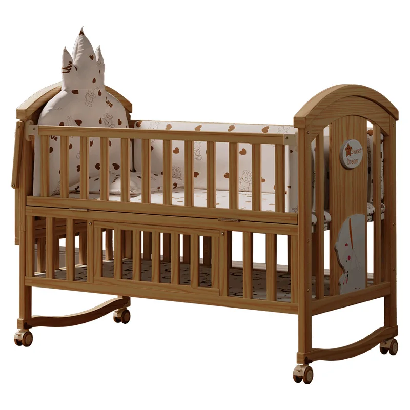 Solid wood crib splicing cradle bed movable baby children's bed splicing