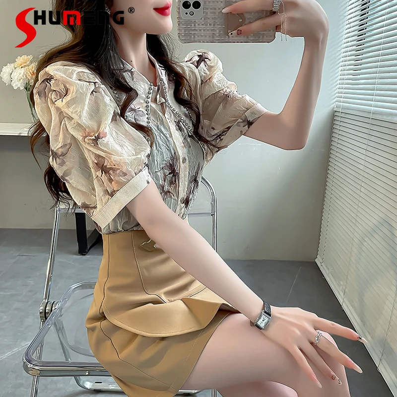 

Short-Sleeved Chiffon Shirt Diamond Blouse Women's Design Sense Fashion Top Fashion Stylish Pointed Collar Puff Sleeves Blusas