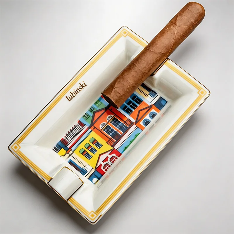 Cigar ashtray,painted ceramic, dual-slot design with gold trim, anti-slip, dedicated for cigars, gift box packaging Gift