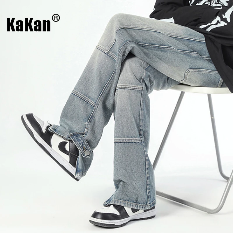 Kakan - New Niche Design with Zippered Split Jeans for Men, Youthful and Trendy Retro Loose Fitting Straight Pants K24-K336