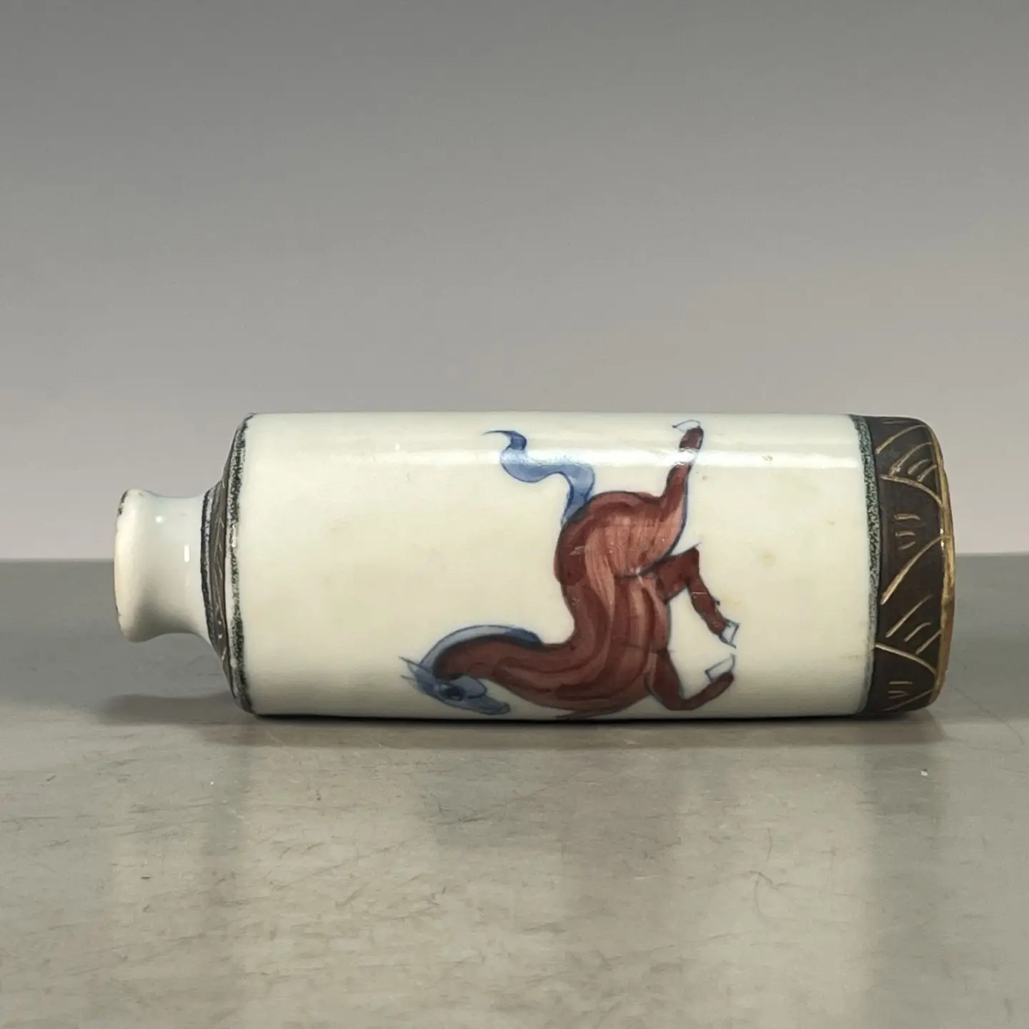 Mini Straight-Sided Porcelain Teapot, Freehand Painted Underglaze Blue & Copper Red Steed Motifs, Vintage Iron-Rust Ground Glaze