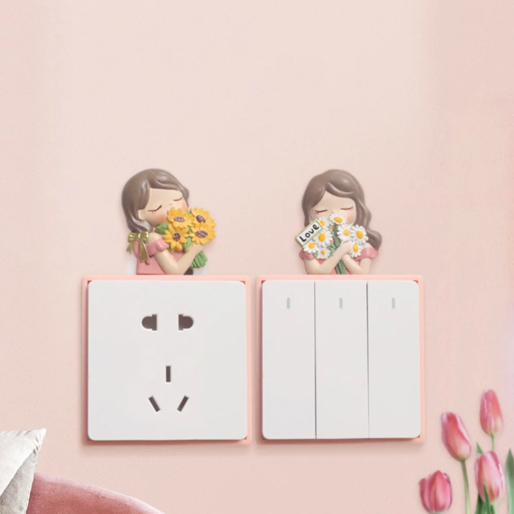 Pegatina de interruptor de resina de hadas de flores en miniatura 3D, pegatinas de pared de enchufe de luz, calcomanías de adorno de dormitorio, decoración del hogar