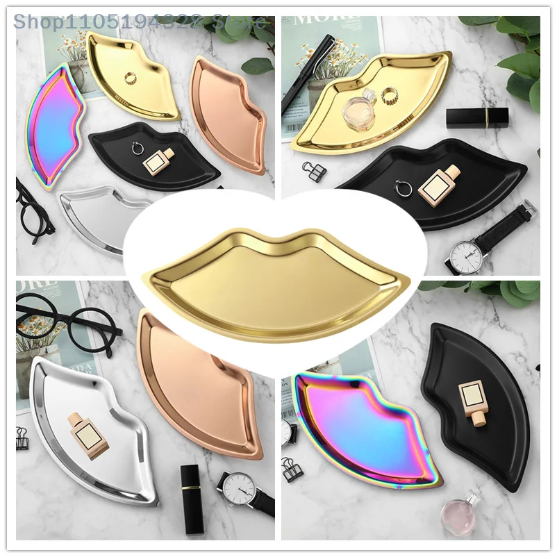Bandeja de joyería con forma de labio de acero inoxidable, bandeja de Metal para cosméticos, bandeja de almacenamiento de joyería femenina, cosméticos decorativos para el hogar, 1 ud.