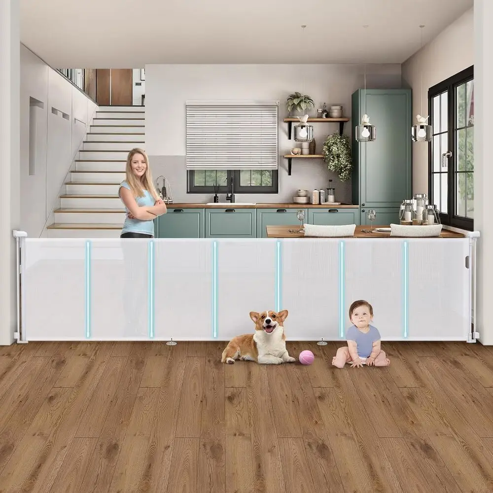

140'' Retractable Baby Gates Extra Wide,34" Tall Retractable Dog Gate or Doorways, Security Upgrade Reinorcement Rods 11 oot Ret