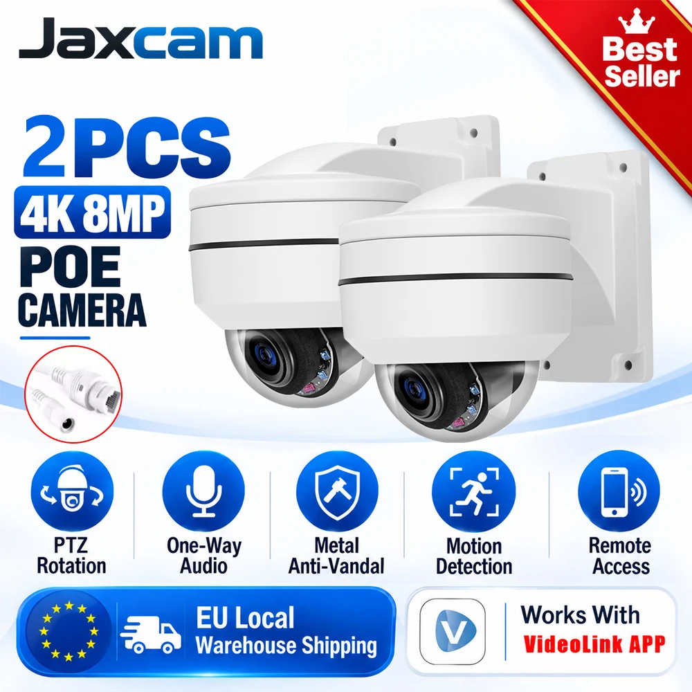 Jaxcam 4K 8MP POE PTZ Sicherheitskamera, Metallgehäuse, vandalensicher, Dome-IP-Kamera, Audioaufzeichnung, Bewegungserkennung, wasserdicht, Fernzugriff, Videolink-App, kabelgebundene