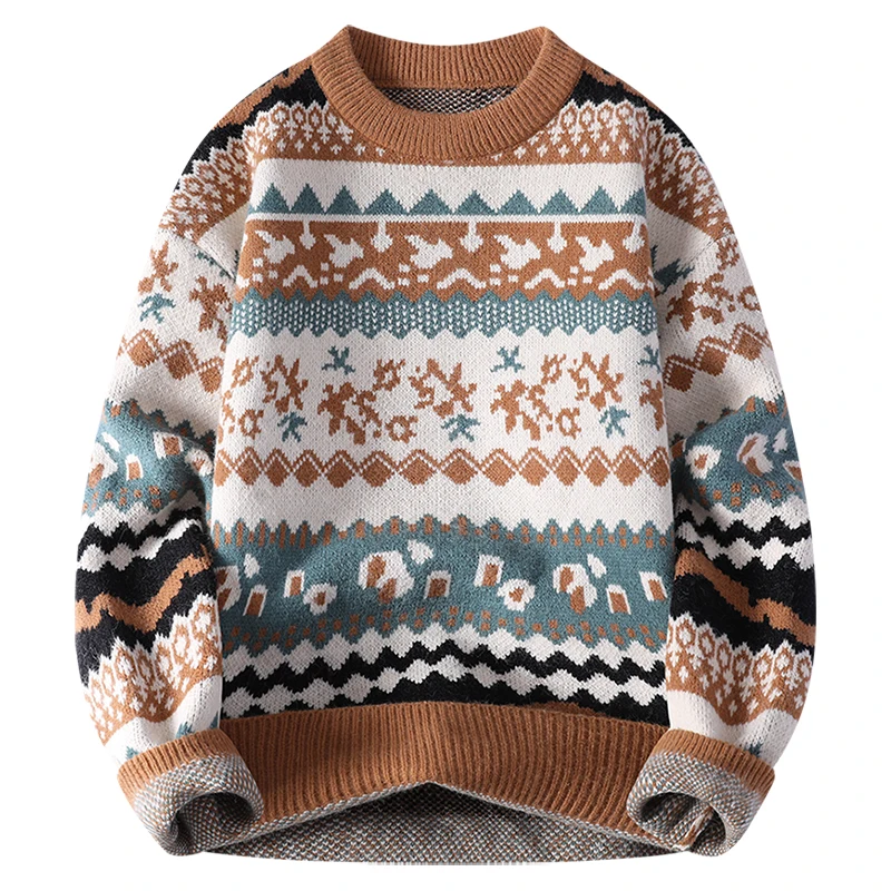 Men Heavyweight Fair Isle Knit Sweater, Crew Neck Vintage Geometric Pattern Long Sleeve Thick Warm Autumn Winter Casual Pullover