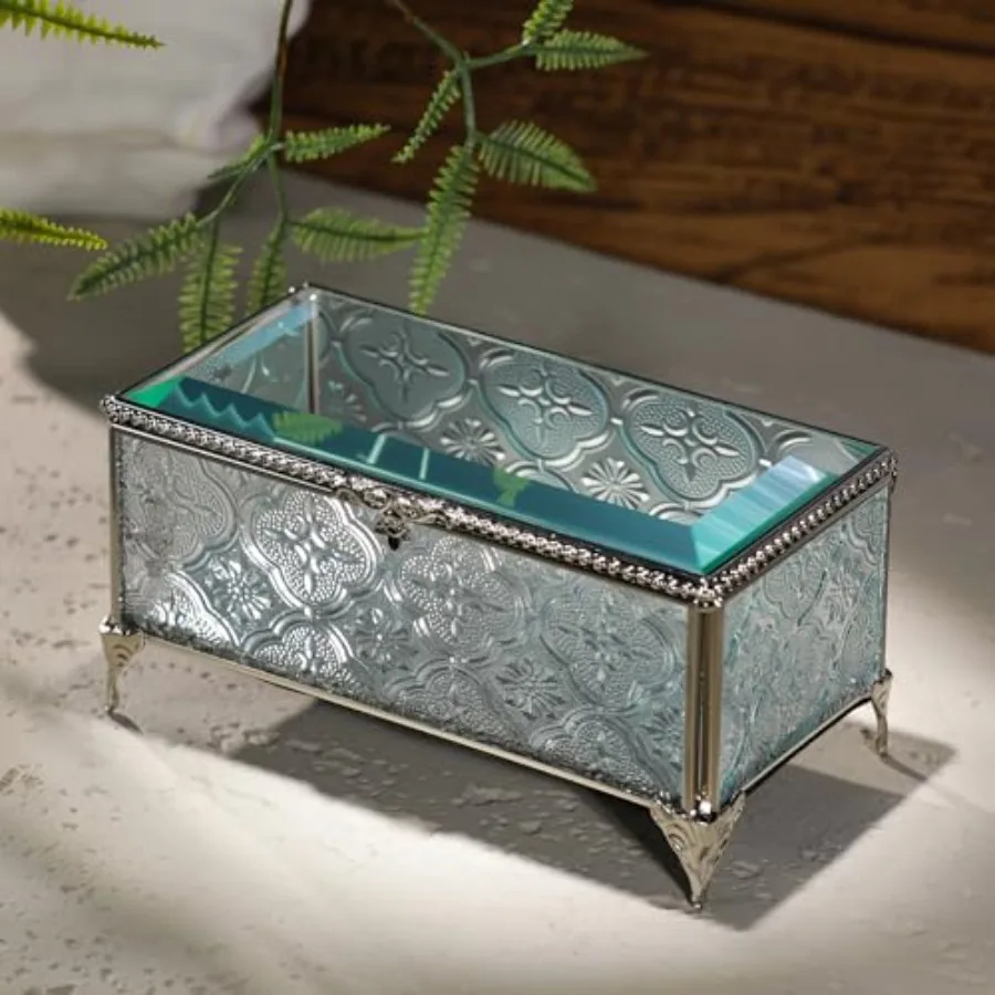 Glass Vintage Jewelry Box Keepsake storage Trinket Ring Display Box Home Decor Embossed Clear Glass Box Organizer 6.5x3.5x3.3In