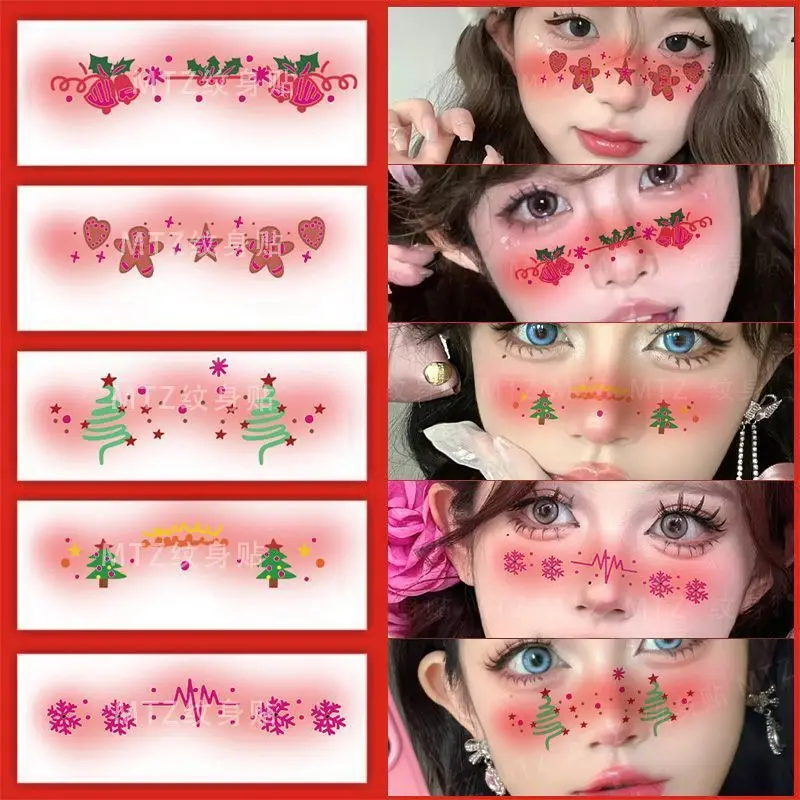 Autocollants mignons de visage de maquillage de Noël pour des enfants, autocollants de tatouage de coeur, fard à joues Girly Party, autocollants de vacances de grande valeur