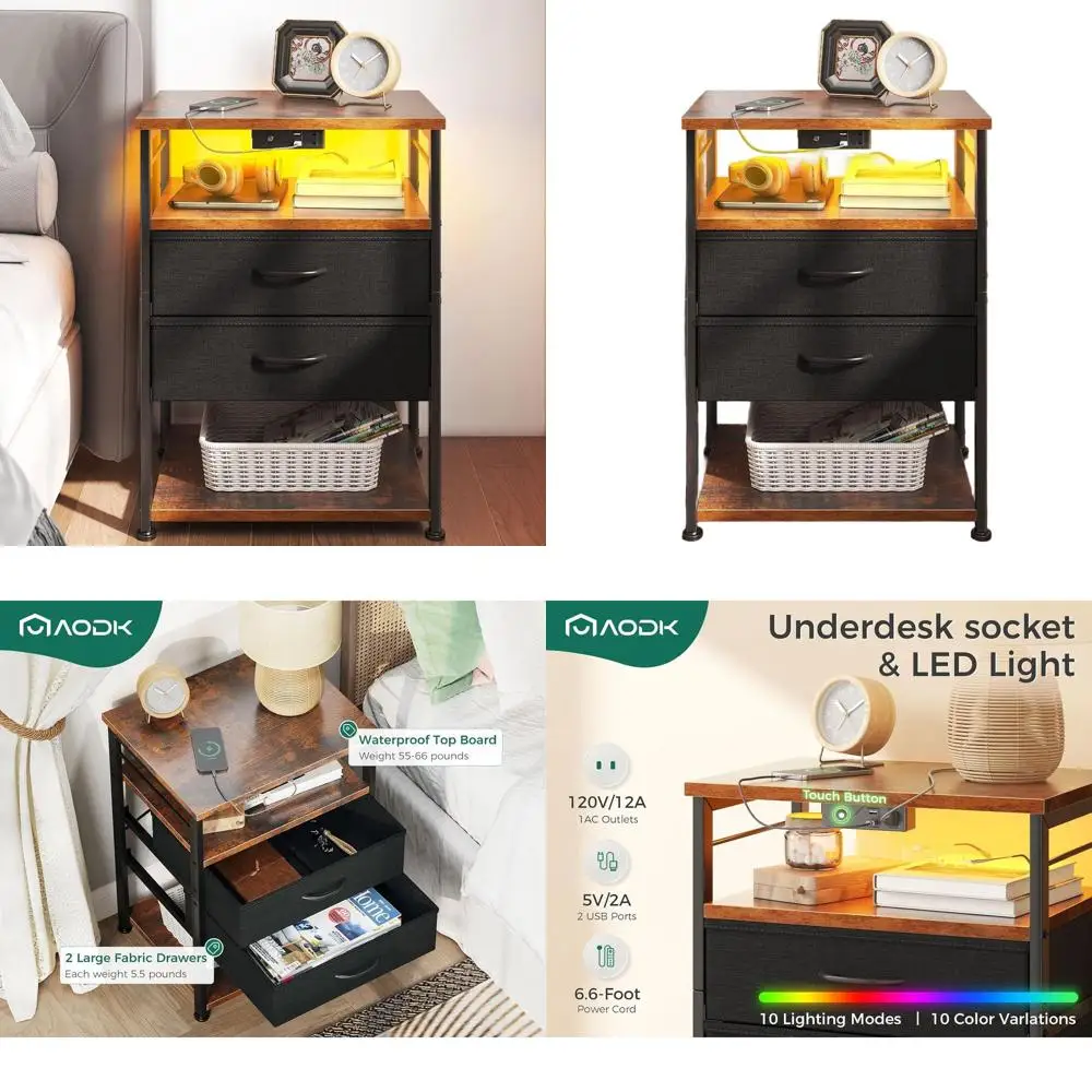 

Винтажная черная прикроватная тумбочка с LED-подсветкой, 2 ящиками и открытой полкой, 27,6 дюйма