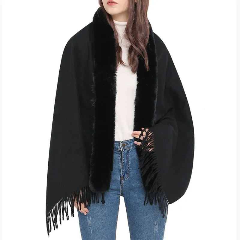 Winter Imitation Wool Collar Cloak Scarf Dual-purpose Female Imitation Cashmere Shawl  Ponchos Lady Capes Cloak Black Cardigan