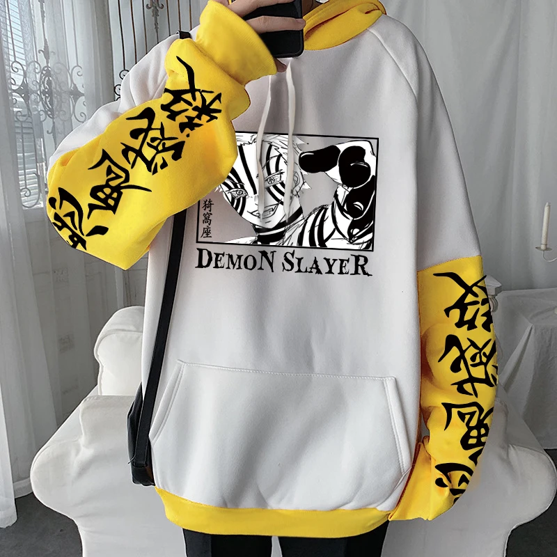 90s Japanese Anime Demon Slayer Akaza Hoodies Men Harajuku Black And White Manga Women Sweatshirt Winter Long Sleeve Hoodie Tops