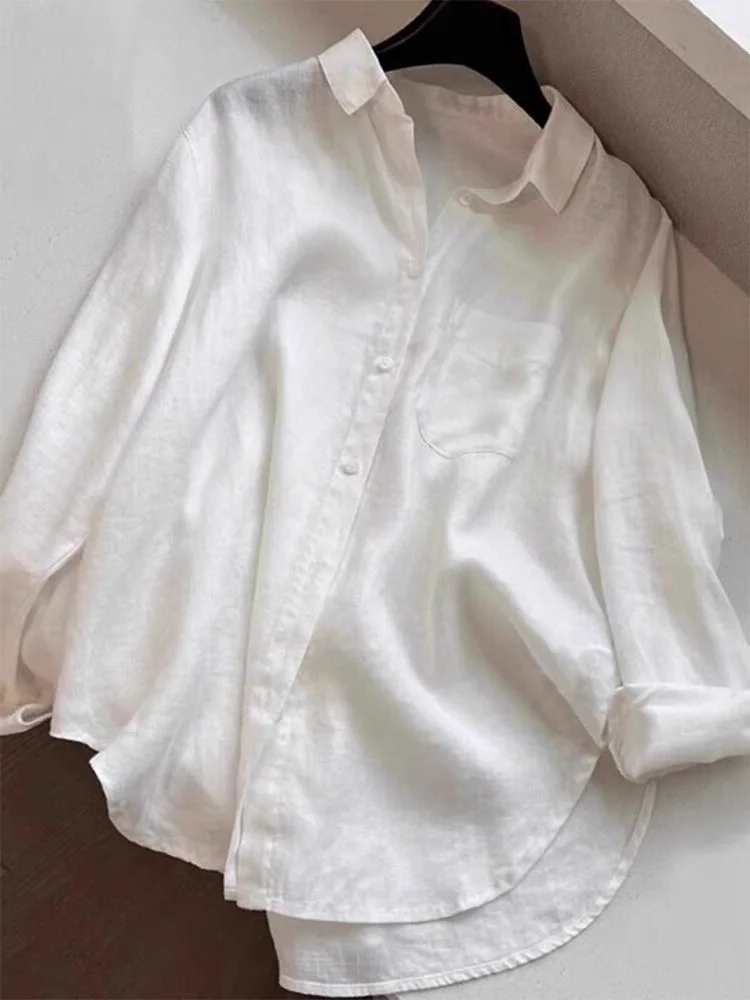 Camisa blanca de manga larga, holgada y de estilo informal para mujer, de la marca Outlet, ideal para protegerse del sol en verano, una prenda de moda femenina de alta calidad.