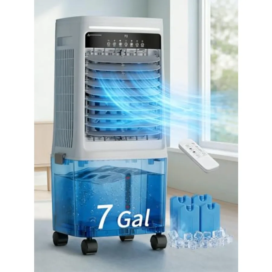 

Испарительный охладитель воздуха ( Swamp Cooler ) 2200 CFM с двумя резервуарами для воды, обеспечивающий 24-часовое охлаждение, 120° осцилляция, окружающее освещение, 7 галлонов, детали.