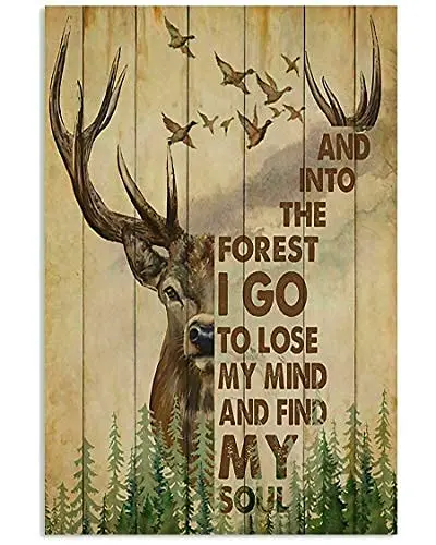 Laquaud Home Decoration Hunting Deer and Duck and into The Forest I Go Tin Sign Art Metal Wall Plaque Decor Outdoor Indoor Wall 