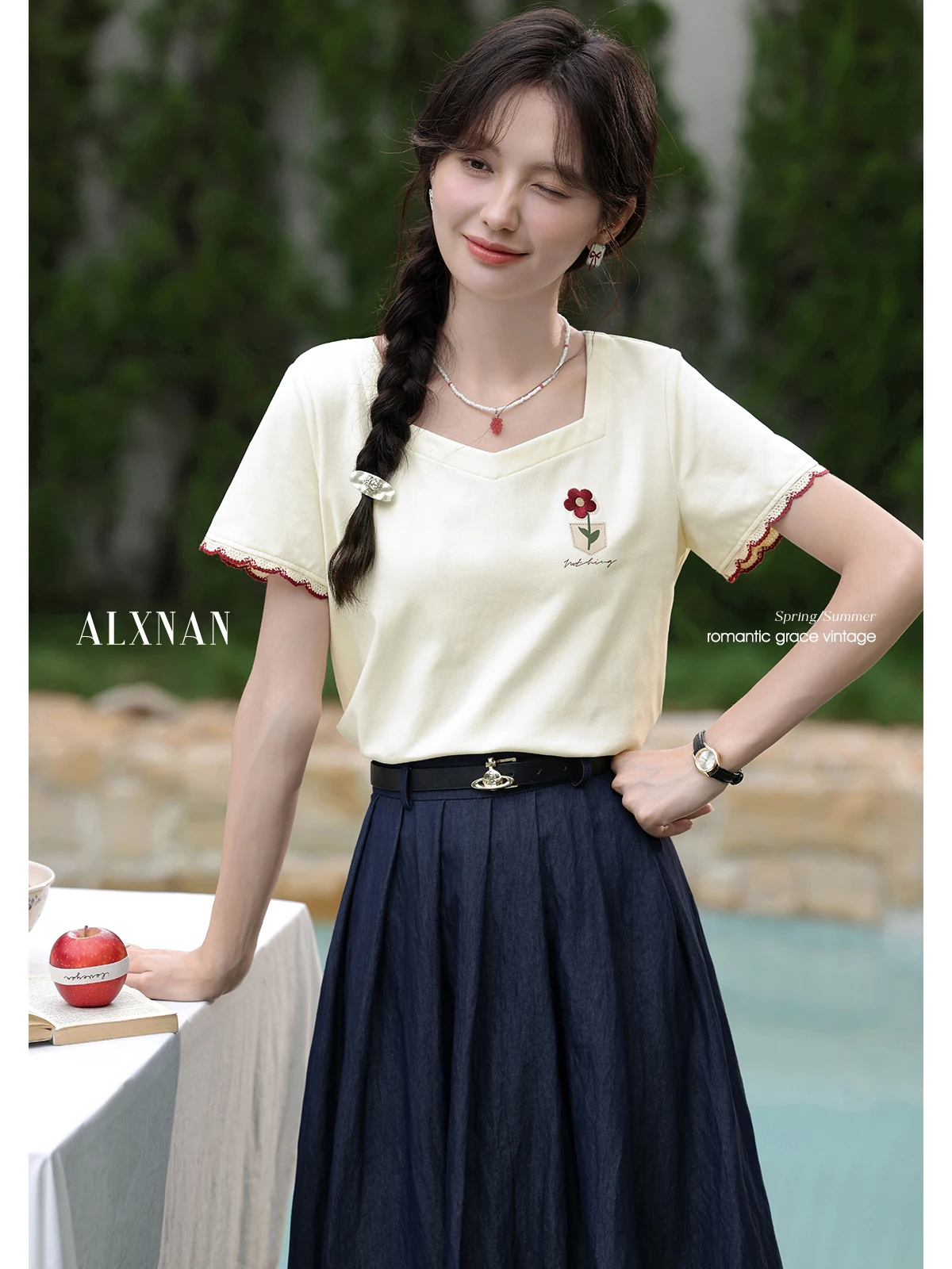 

ALXNAN женская футболка светлая абрикосовая квадратная шея с цветочной вышивкой и кружевными манжетами футболки летние топы с короткими рукавами женские L56311