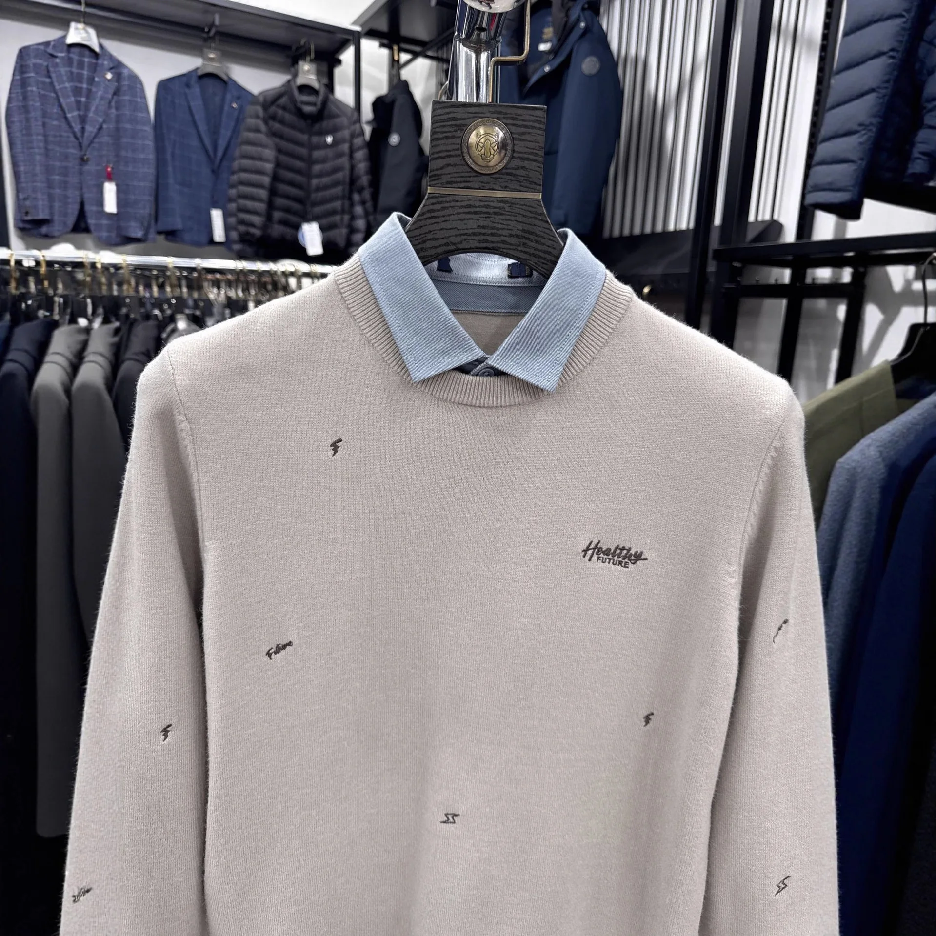 

Heavy Embroidery Soft Skin-Friendly Knitted Sweater Fake Two-Piece Men's irt Collar Sweater Autumn Casual Faion M