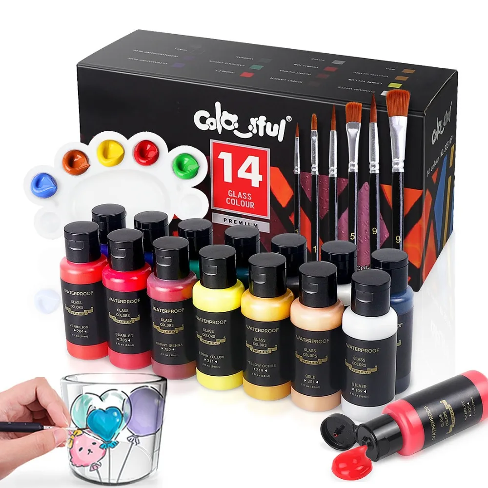 

1oz/30ml Professional Paint Set Craft Paint Classic Colors Pigment 6 Brushes 14 Color Glass Painting For Adults