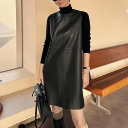 Classic Retro Leather Black Dress Women Spring O-Neck Sleeveless Short Semi-Vegetable Tanned Sheepskin Straight Vest Vestidos