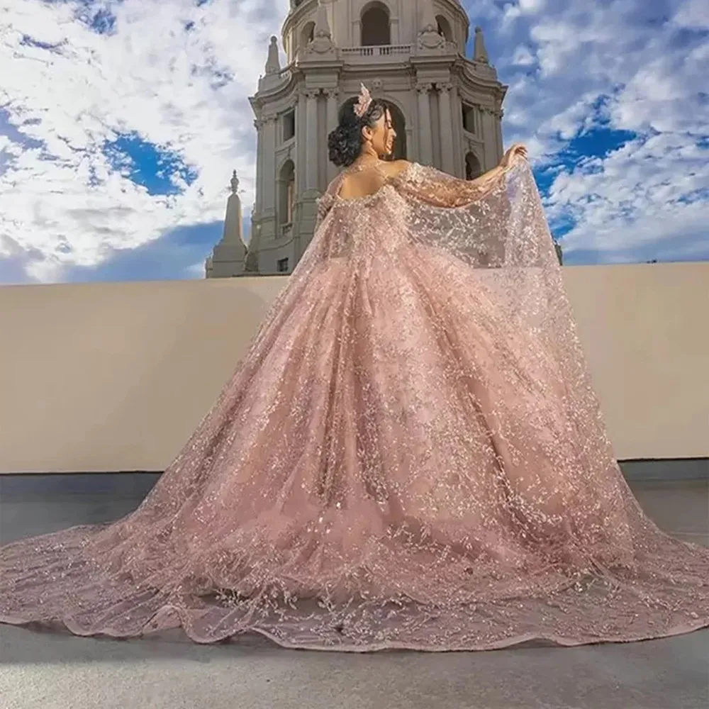 Vestido De quinceañera con apliques De cristal rosa, Vestido De baile con espalda abierta, capa desmontable, escote corazón, sin mangas, 15 y 16 años