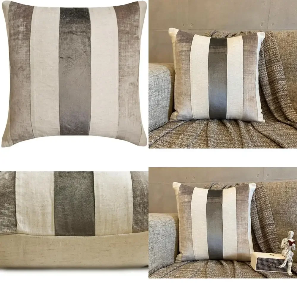 أغطية وسائد مخططة مخملية حديثة مقاس 26 × 26 | حافظات وسائد باللون الرمادي المرقعة لديكور المنزل المعاصر #1