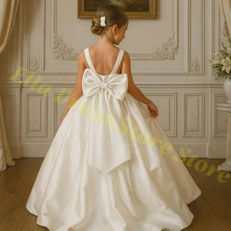 Lange Elfenbeinfarbene Satin-Blumenmädchenkleider für Hochzeit, Schleifenparty, Geburtstag, Prinzessinnenkleid, Junior-Brautjungfernkleid, Heilige Kommunion, Großhandel – Detail 4