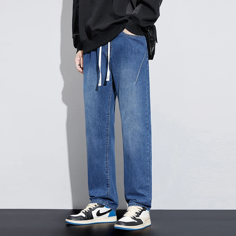 

New Men's Denim Wide-leg Pants Korean Style Straight Loose Jeans Street Hip-hop Daily Casual Student Trousers Black Gray Blue