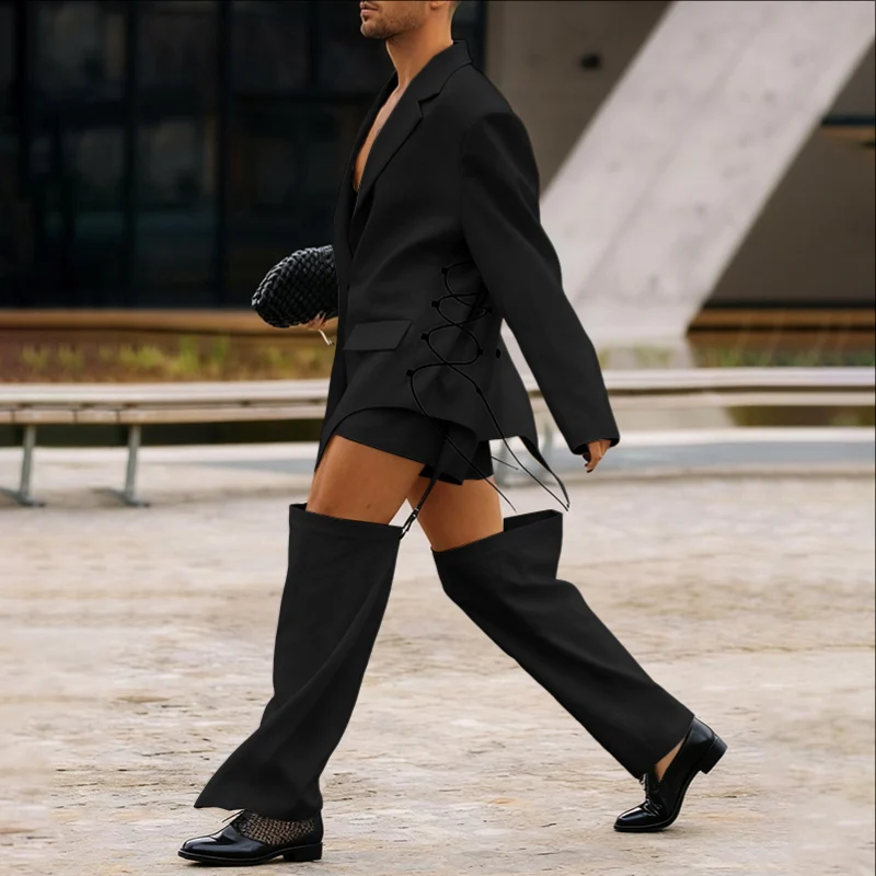 

Мужской костюм INCERUN: однотонный блейзер с длинным рукавом и брюки с асимметричным вырезом, комплект из двух предметов, уличная мода, стильный мужской костюм