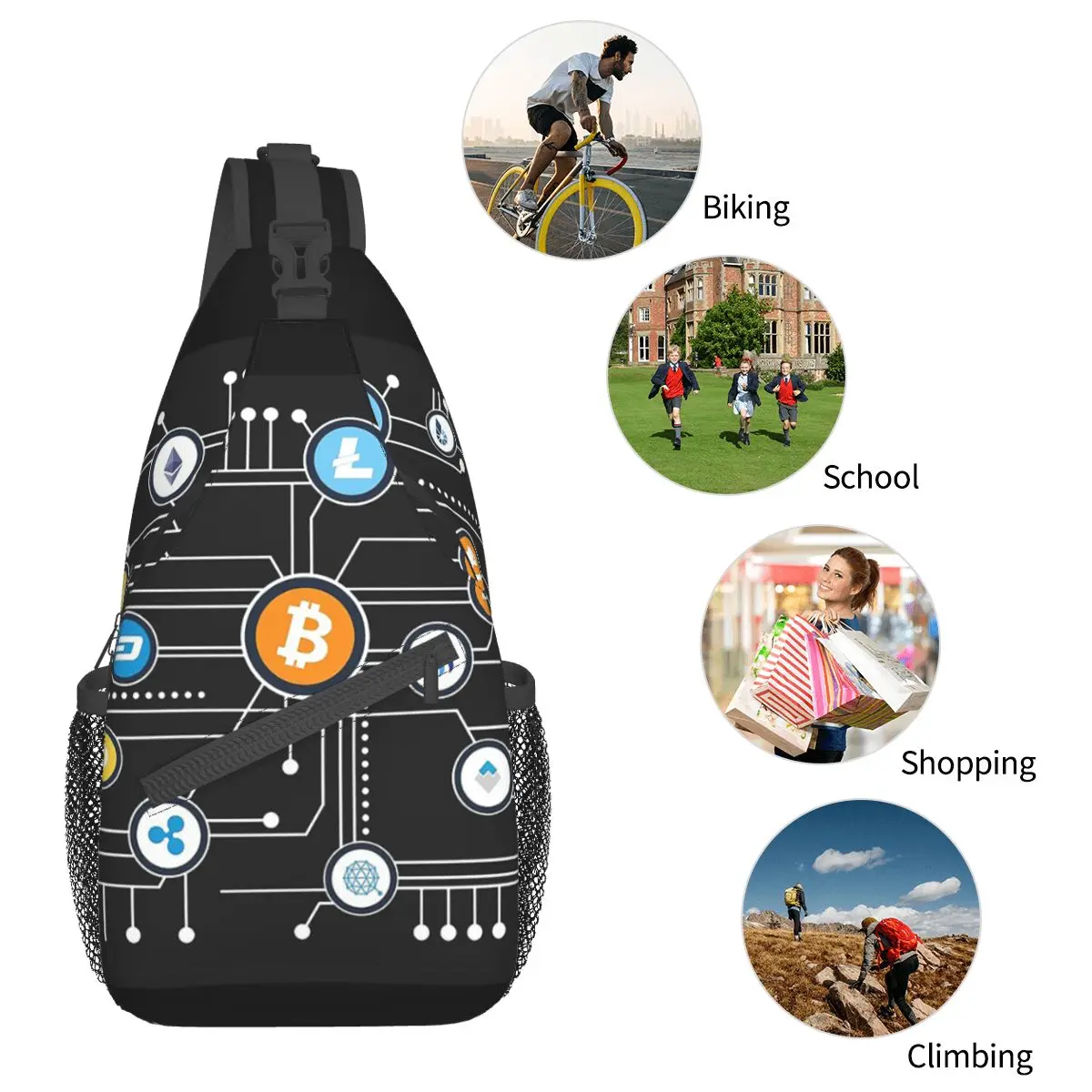 Cryptocurrency Bitcoin Crossbody Sling Bags Fashion Chest Bag Hodl Dogecoin Shoulder Backpack Daypack Travel Hiking Biking Bag