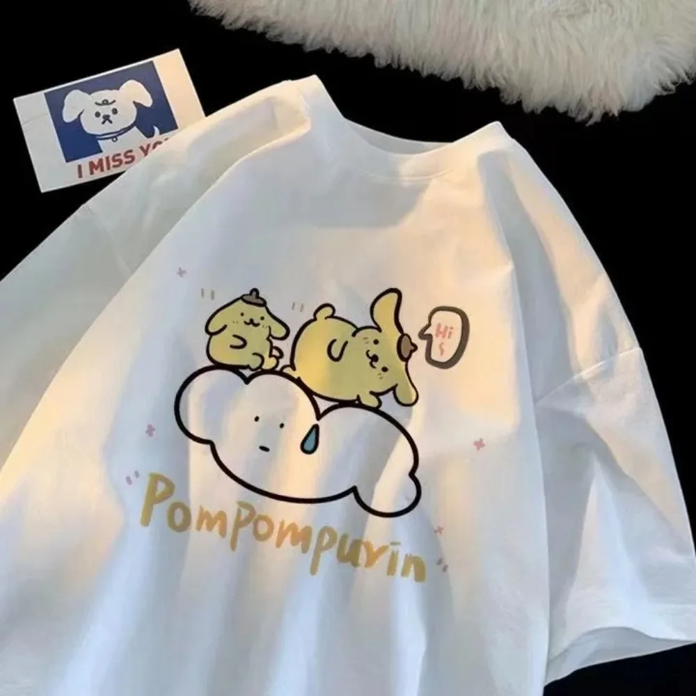 New Sanrio Short Sleeve T-Shirt Kawali Pompompurin Pure Cotton Loose Comfortable Ins Anime Friend Birthday Gift Toys