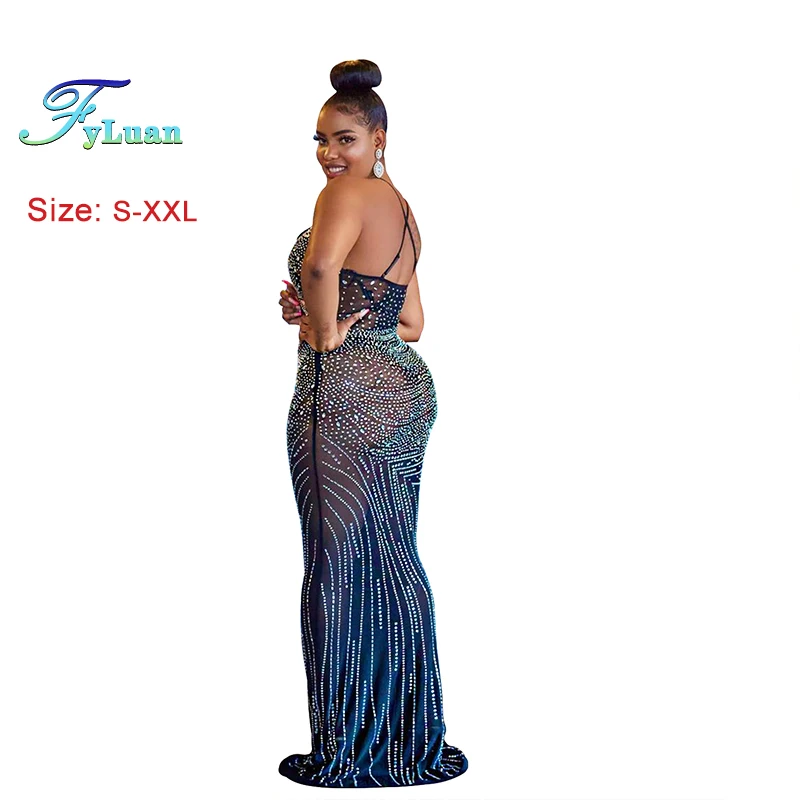 새로운 메쉬를 통해 볼 여성 크리스탈 v 넥 인어 바닥 길이 롱 드레스 기울어 진 어깨 민소매 생일 의상 Night Wea