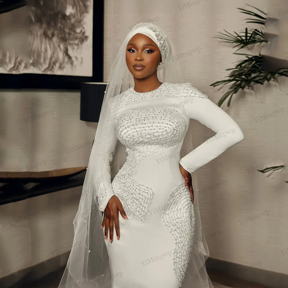 Aso Ebi robes de mariée sirène 2025 perlée col rond vestidos de novia manches longues robe de mariée de luxe femmes africaines personnalisées