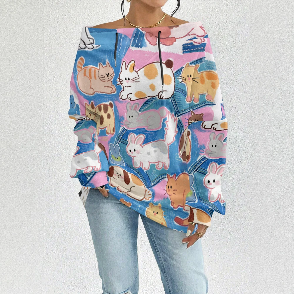 

Kawaii принт кота и собаки, женская модная толстовка, свободный крой, повседневный пуловер, топ, богемная блузка в уличном стиле, сексуальный топ на шнурке