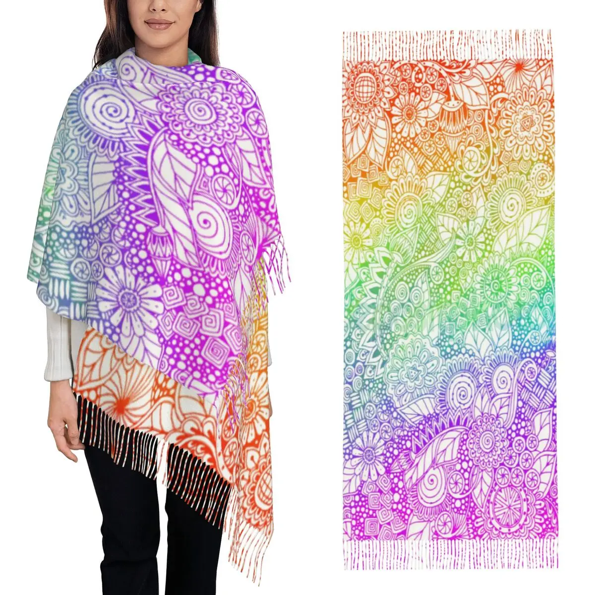 

Psychedelic Summer Color Mandala Print Scarf Tassel Scarves Women Soft Warm Shawls and Wraps Long Fall Winter Shawl Wrap
