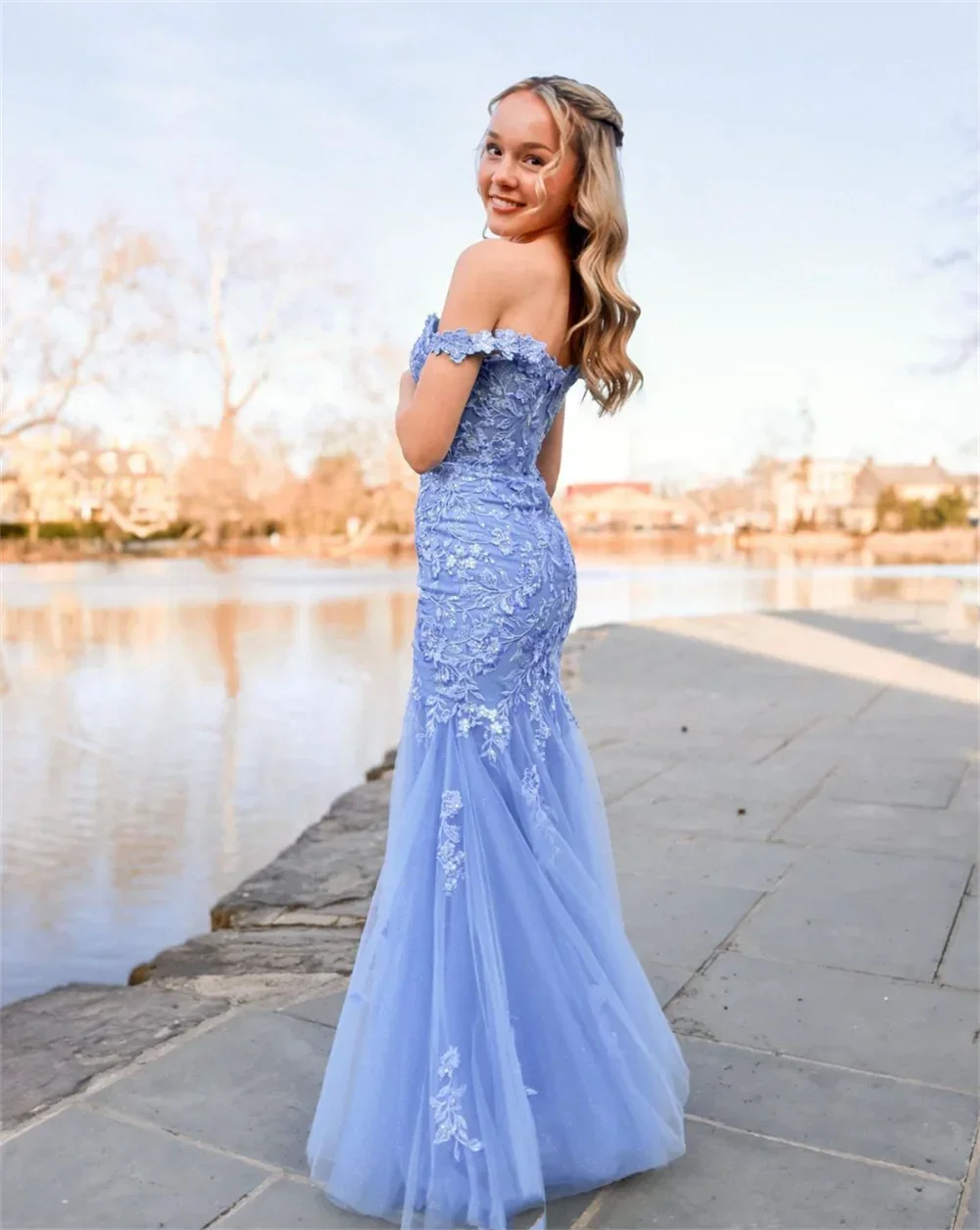 Customized Price AdjustmentElegant Blue Embroidered Mermaid Prom Dress With Off Shoulder Design Floor Length Gown For Formal Eve