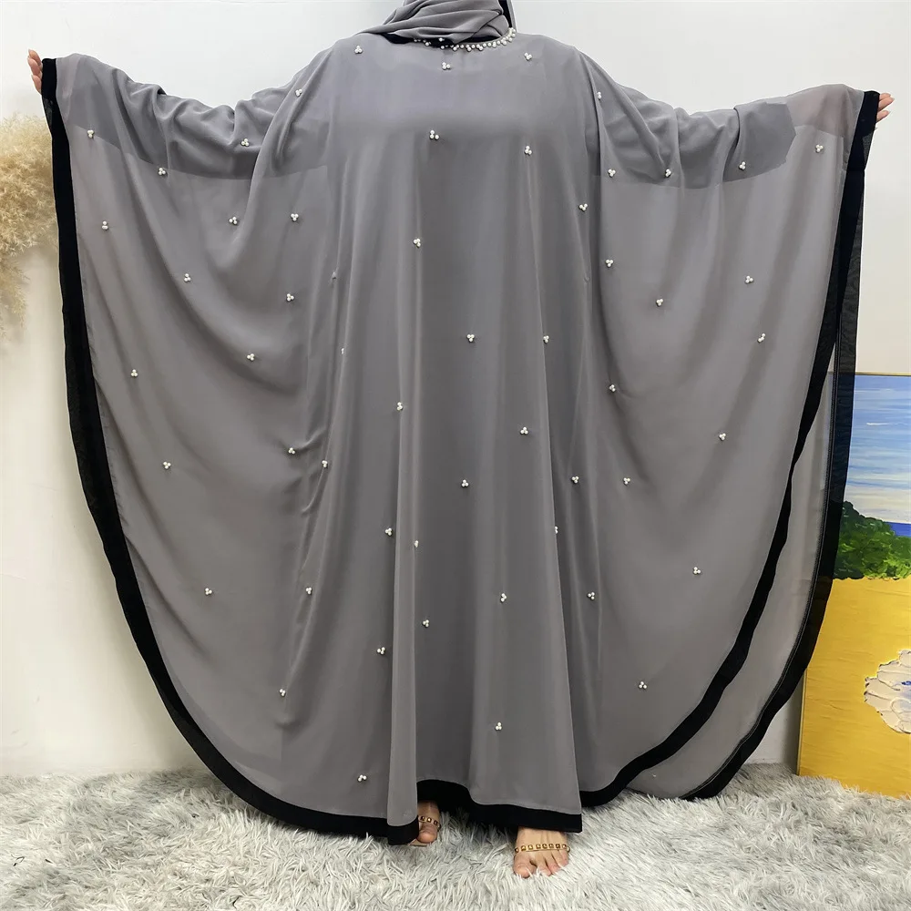 

Ramadan Morocco Middle East Arab Turkiye Luxury Fashion Stitching Chiffon Elegant Loose Muslim Robe Bat Sleeve Dress