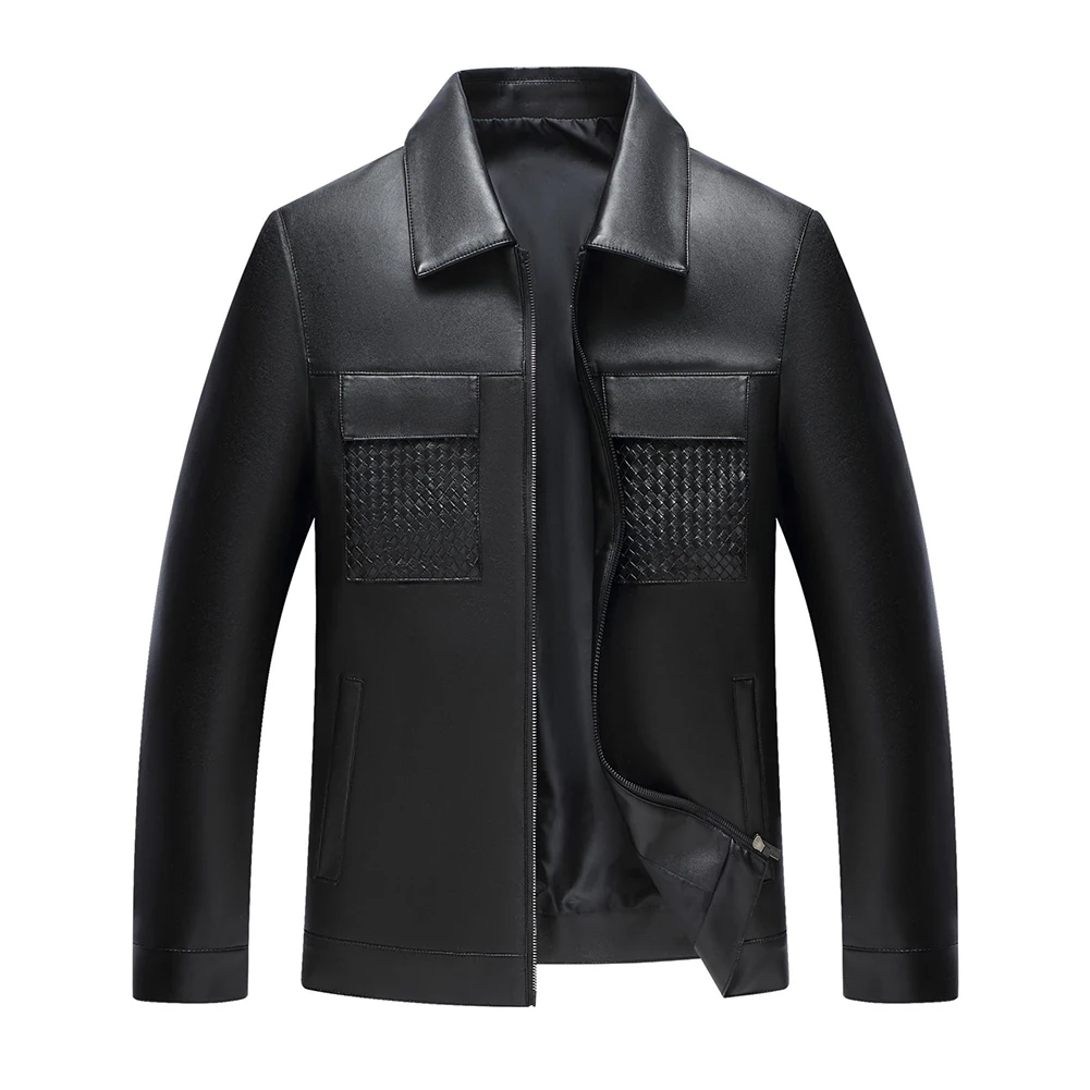 Slender Cut Men Jacket with Lapel Detail Imitation Leather Texture and Long Sleeves for Spring Autumn Outerwear
