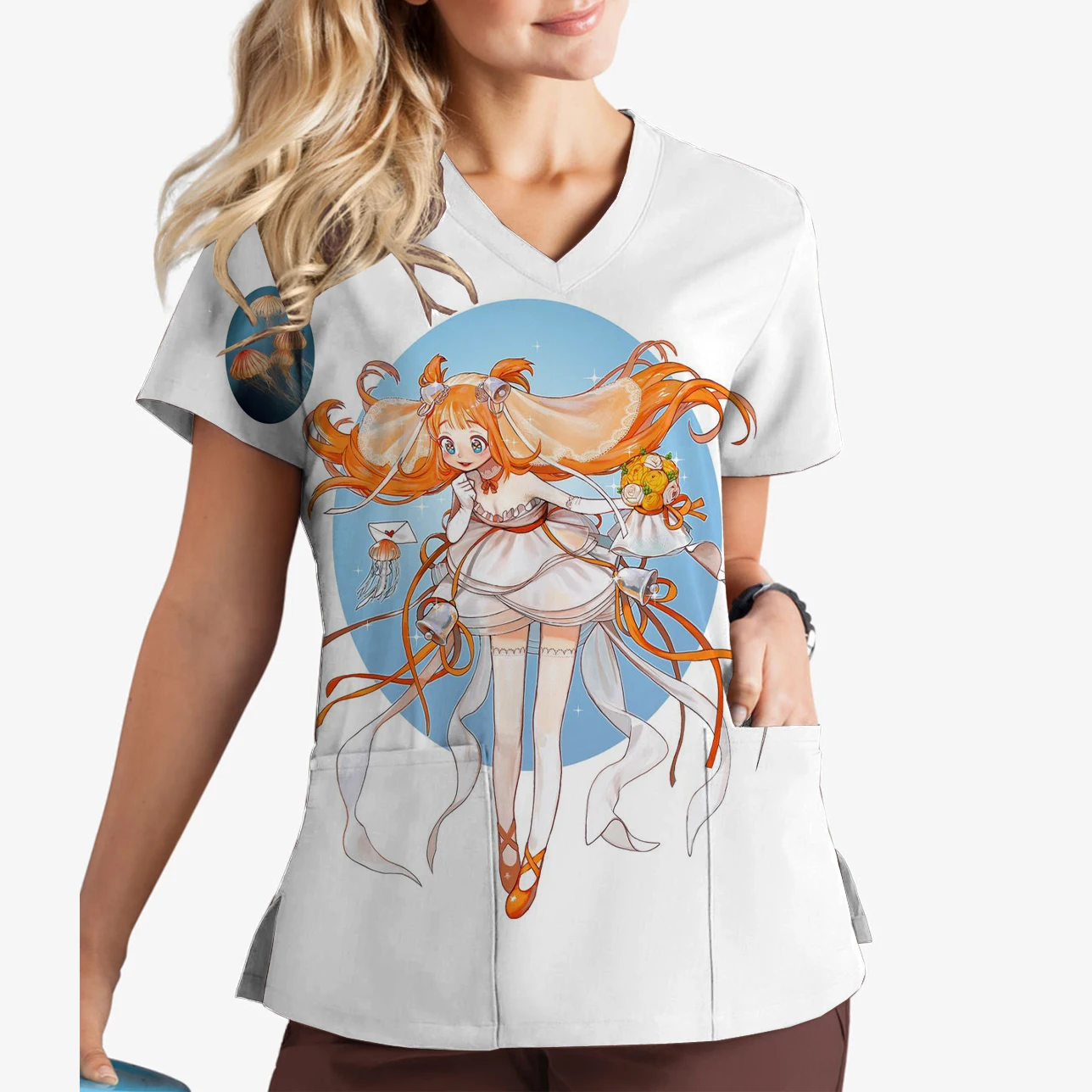 Women's Summer Clothing V-Neck Print Scrub Top Anime Pretty Cure Printed Medical Care Clothes Nurse Uniform Dentist Blouse