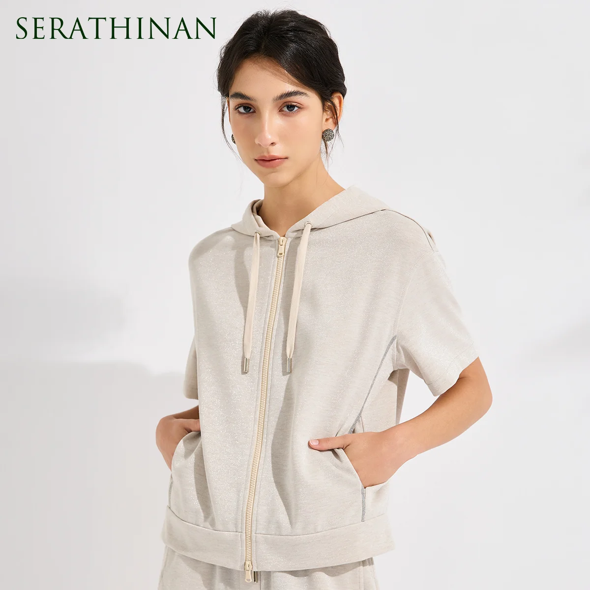 

KX9613715 Элитная бежевая женская толстовка с коротким рукавом из роскошного хлопка, с мягкой подкладкой, на молнии, свободного кроя, спортивный топ