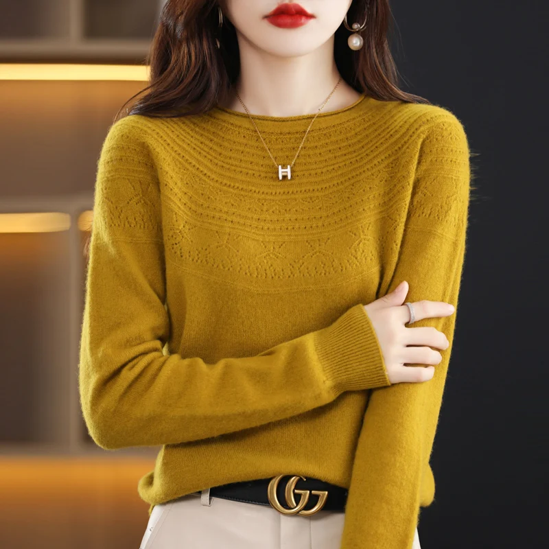 

Autumn Winter New Arrivals Pure Wool Sweater Women's Rolled Round Neck Loose Hollow Versatile Thin Knitting Sheep Wool Base Coat