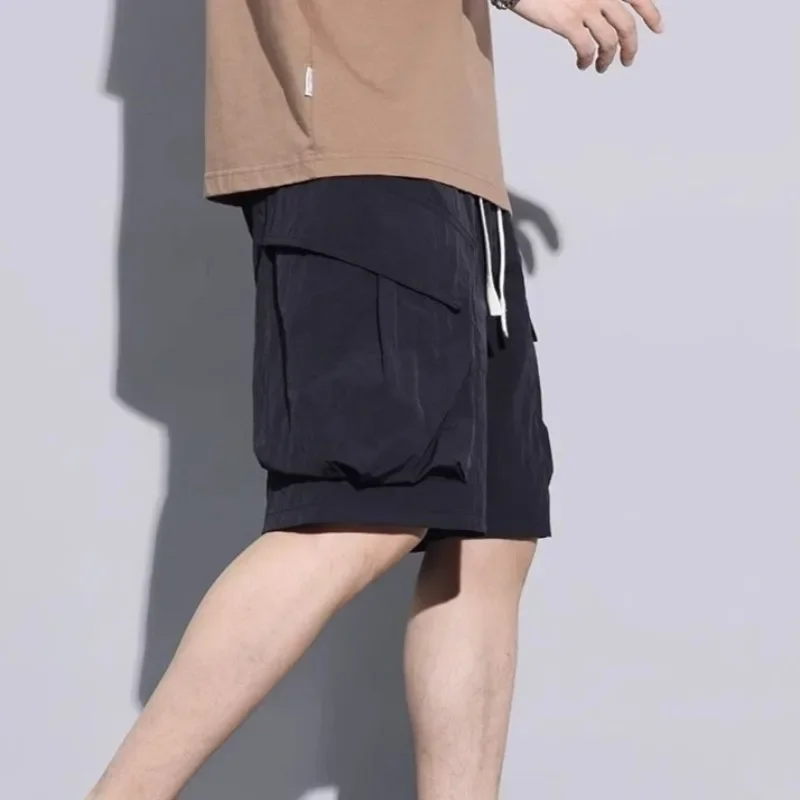 남성 포켓 와이드 카고 반바지 배기 드로스트링 솔리드 밴딩 허리 루즈 지퍼 편안한 옷 Y2k