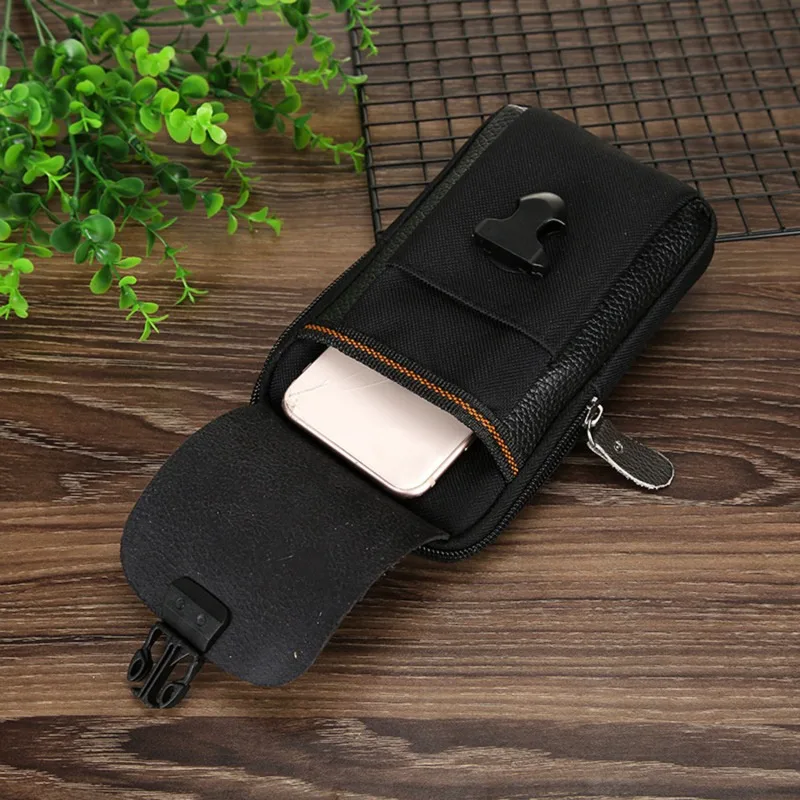 Black Men\'s Mobile Phone Bag Pu Leather Double Zipper Men\'s Waist Bag Coin Purse Outdoor Male Waist Bag