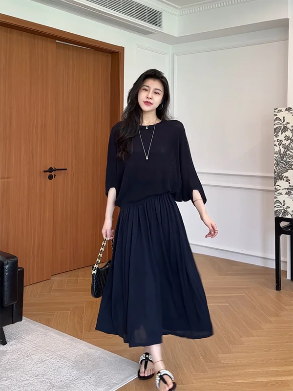 

Модный комплект Zhang a Xing Paris Night Color: топ с рукавами «летучая мышь» и юбка в стиле Old Money для молодых женщин, летняя одежда