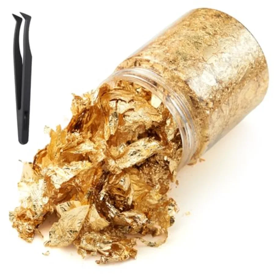 

Gold Leaf Flakes with Tweezers, 10g Metallic Gold Foil Flakes for Resin, with Tweezers, Imitation for Nail Art, Crafts, Slime,
