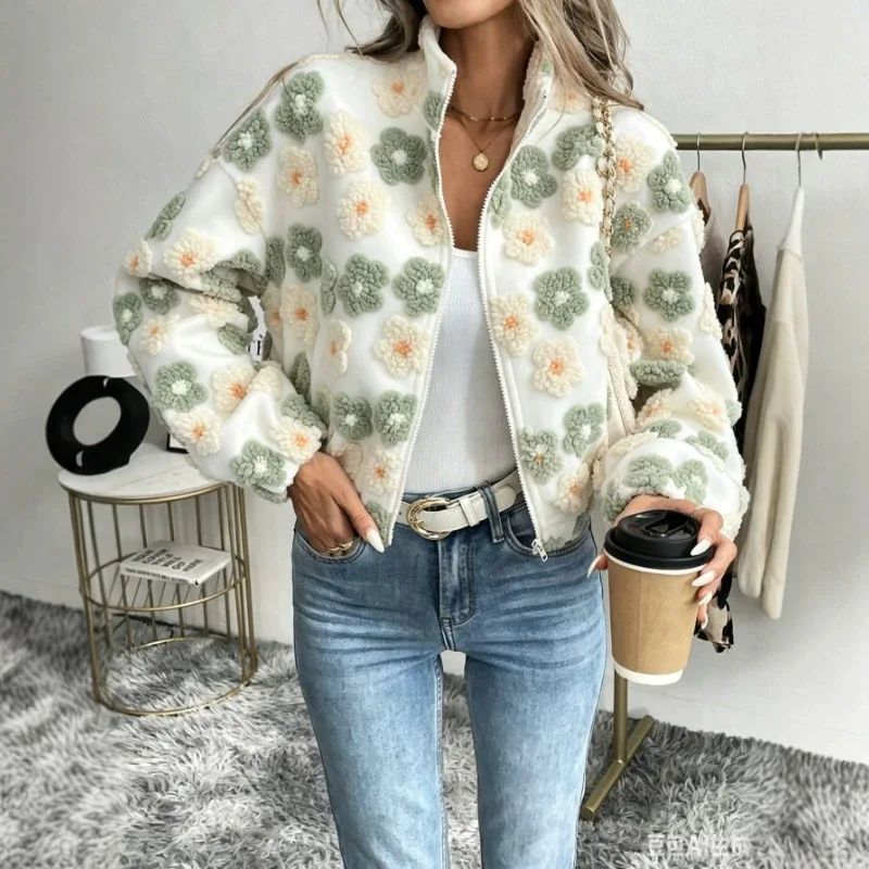 Y2K Autumn and Winter Women's 3D Plush Jacquard Zipper Jacket, Fashionable and Casual High Street